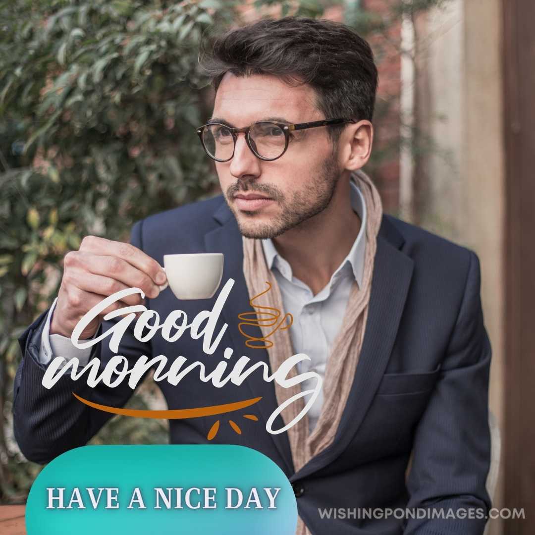 Business man drinking coffee at cafe outdoor. Good Morning Coffee Images